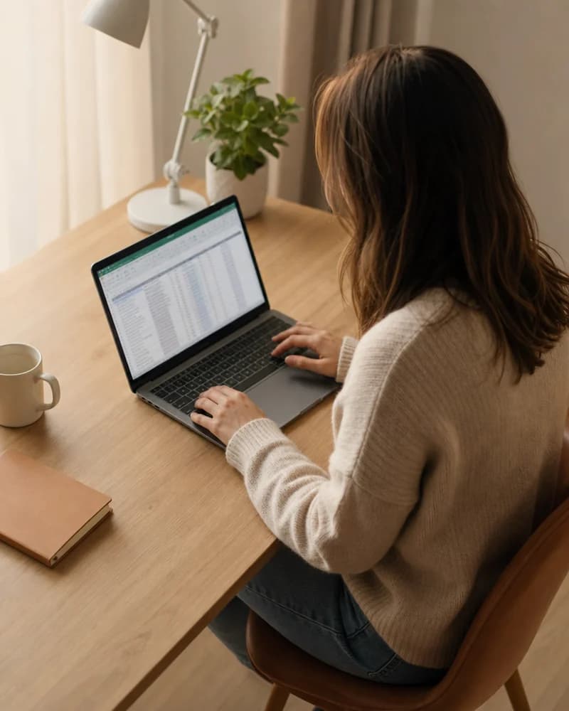 Deena working at her desk, reviewing financial documents