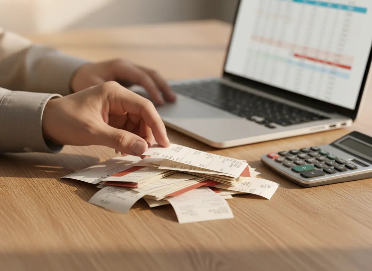Hand sorting a messy pile of receipts into an organized stack, representing a bookkeeping cleanup